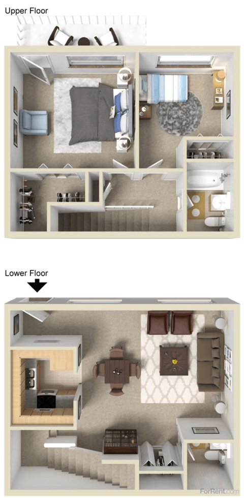 Floor plan for 2 beds, 1.5 baths, 910 sqft